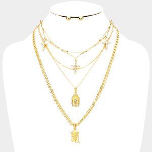 5 pcs Gold tone Multilayered Jesus Pendant Necklace set with earrings